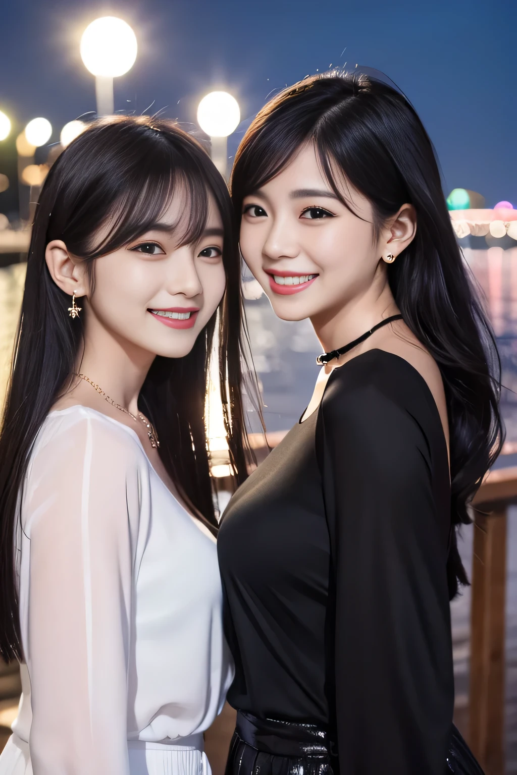 (detailed skin:1.2),(shiny skin:1.1),8k,best quality, masterpiece, ultra high res,(fair skin:1.2), Two women standing side by side、Long sleeve blouse、Black Hair、Ear piercing、Necklace around the neck、smile、Beautiful teeth alignment、Pier at night