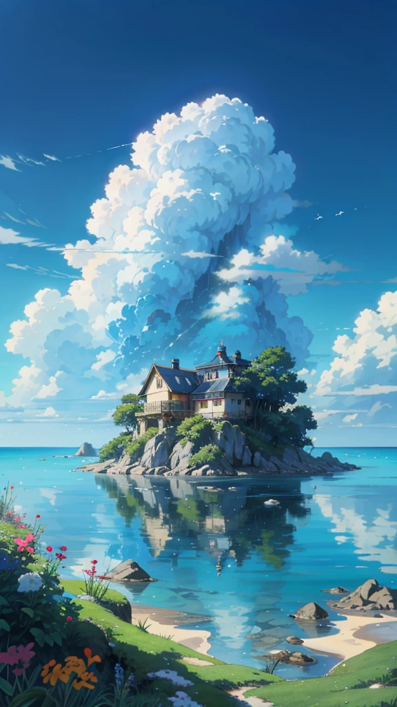 a house sitting on a small island in the middle of the ocean, ross tran and makoto shinkai, ( ( makoto shinkai ) ), anime. by makoto shinkai, studio glibly makoto shinkai, by Makoto Shinkai, by makoto shinkai, cgsociety 9, screenshot from a 2012s anime, by makoto shinkai, ghibli artstyle, 4k professional painting, game, detailed key anime art, illustation, a beautiful artwork illustration, beautiful digital painting, highly detailed digital painting, beautiful digital artwork, detailed painting 4 k, very detailed digital painting, rich picturesque colors, gorgeous digital painting
