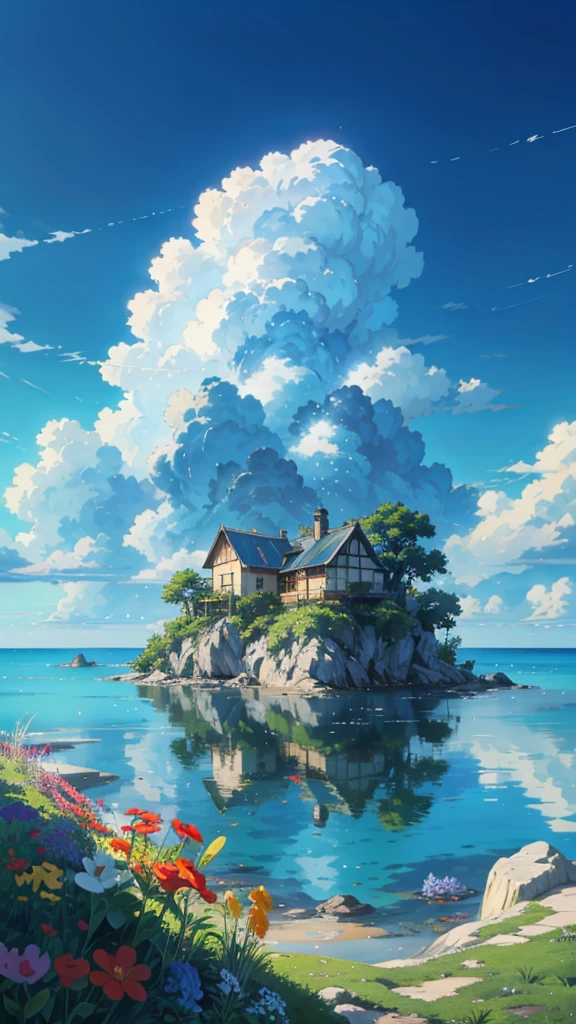 a house sitting on a small island in the middle of the ocean, ross tran and makoto shinkai, ( ( makoto shinkai ) ), anime. by makoto shinkai, studio glibly makoto shinkai, by Makoto Shinkai, by makoto shinkai, cgsociety 9, screenshot from a 2012s anime, by makoto shinkai, ghibli artstyle, 4k professional painting, game, detailed key anime art, illustation, a beautiful artwork illustration, beautiful digital painting, highly detailed digital painting, beautiful digital artwork, detailed painting 4 k, very detailed digital painting, rich picturesque colors, gorgeous digital painting