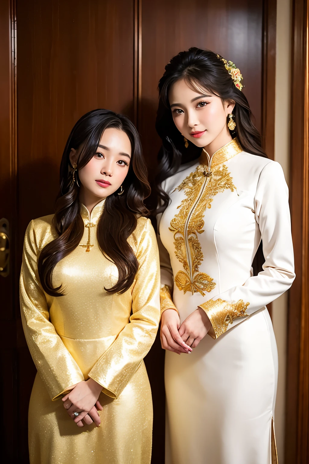 ((Highest quality)), ((masterpiece)), (detailed), Two Girls, sexy、traditional ao dai