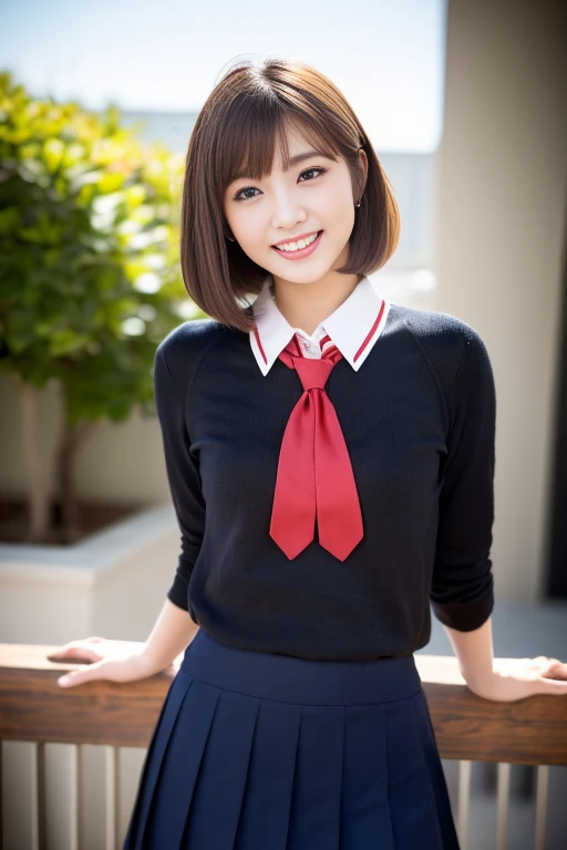 (a beautiful Japanese lady,short bob hair,serafuku uniform,tight collared shirt,ample round boson,slender curvy figure,beautiful detailed eyes,long eyelashes,double eyelids,elongated eyes,friendly smile,short red ribbon tie,pleated skirt,school patio background,hands on hip, the_cowboy_shot, bokeh background (best quality,4k,8k,highres,masterpiece:1.2),ultra-detailed,(realistic,photorealistic,photo-realistic:1.37),HDR,vivid colors,studio lighting)