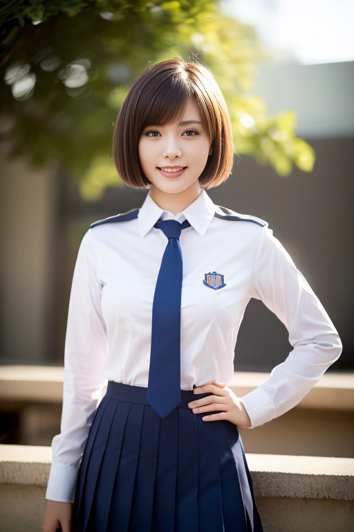 (a beautiful Japanese lady,short bob hair,serafuku uniform,tight collared shirt,ample round boson,slender curvy figure,beautiful detailed eyes,long eyelashes,double eyelids,elongated eyes,friendly smile,short red ribbon tie,pleated skirt,school patio background,hands on hip, the_cowboy_shot, bokeh background (best quality,4k,8k,highres,masterpiece:1.2),ultra-detailed,(realistic,photorealistic,photo-realistic:1.37),HDR,vivid colors,studio lighting)