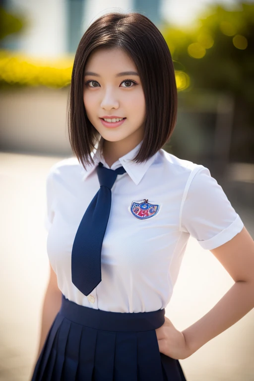 (a beautiful Japanese lady,short bob hair,serafuku uniform,tight collared shirt,ample round boson,slender curvy figure,beautiful detailed eyes,long eyelashes,double eyelids,elongated eyes,friendly smile,short red ribbon tie,pleated skirt,school patio background,hands on hip, the_cowboy_shot, bokeh background (best quality,4k,8k,highres,masterpiece:1.2),ultra-detailed,(realistic,photorealistic,photo-realistic:1.37),HDR,vivid colors,studio lighting)