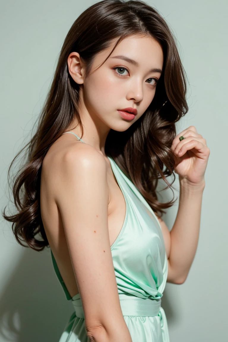 (nude)Wavy long hair, Brown Hair, One girl, Emerald Eyes, Shake with two fingers, Pink Lips, Pastel Green Dress,