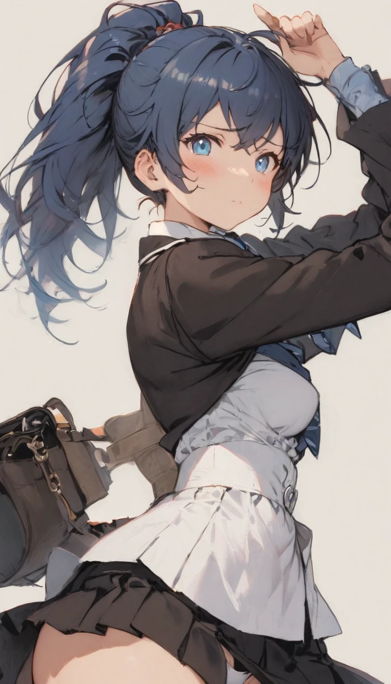 1girl, solo, Laura S. Arseid (long dark blue hair, ponytail and side Bang, small boobs), (inspired by trails of cold steel) in a school dress showing off her panties, in a military school, embarrassed