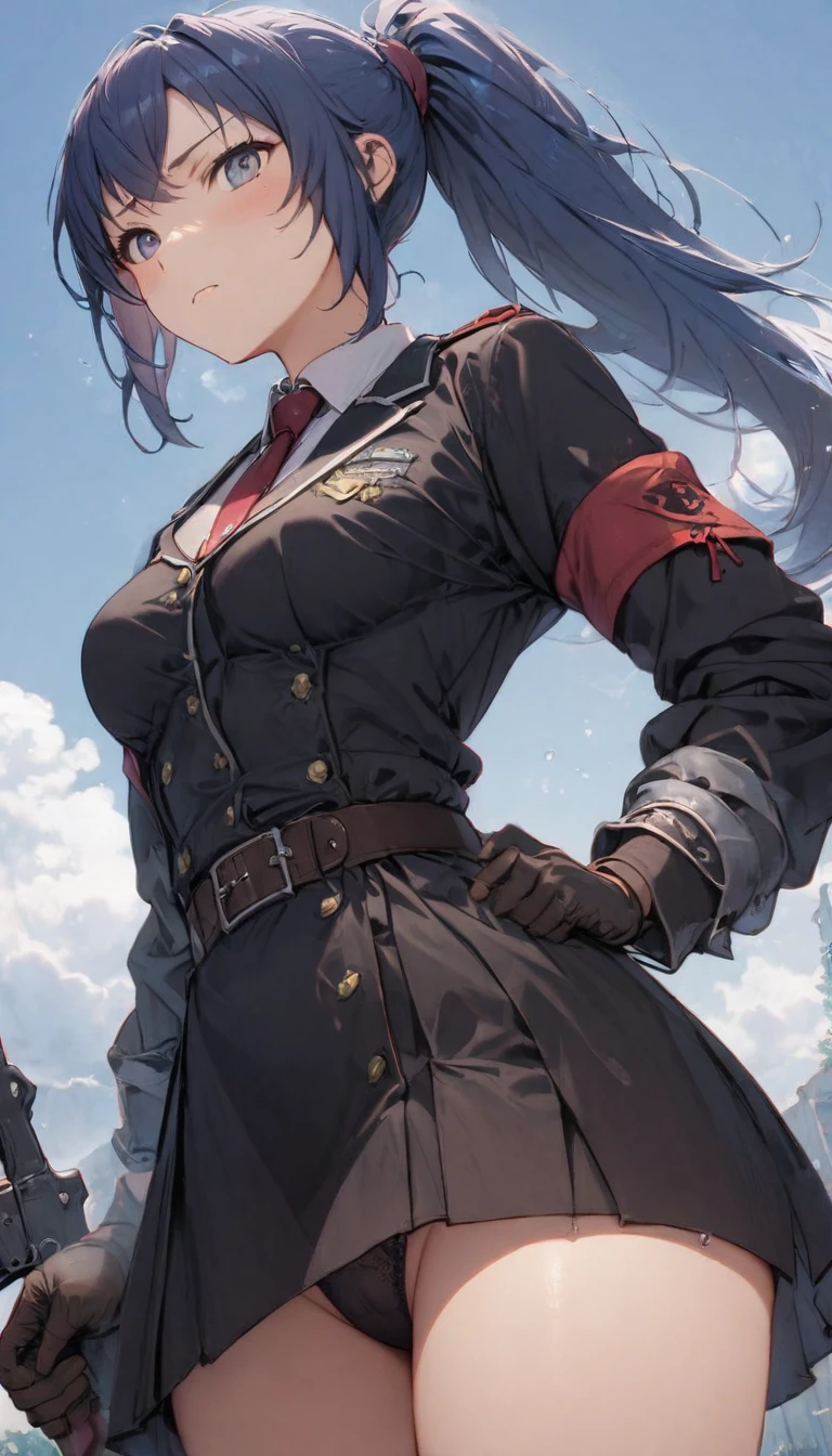 1girl, solo, Laura S. Arseid (long dark blue hair, ponytail and side Bang, small boobs), (inspired by trails of cold steel) in a school dress showing off her panties, in a military school, embarrassed