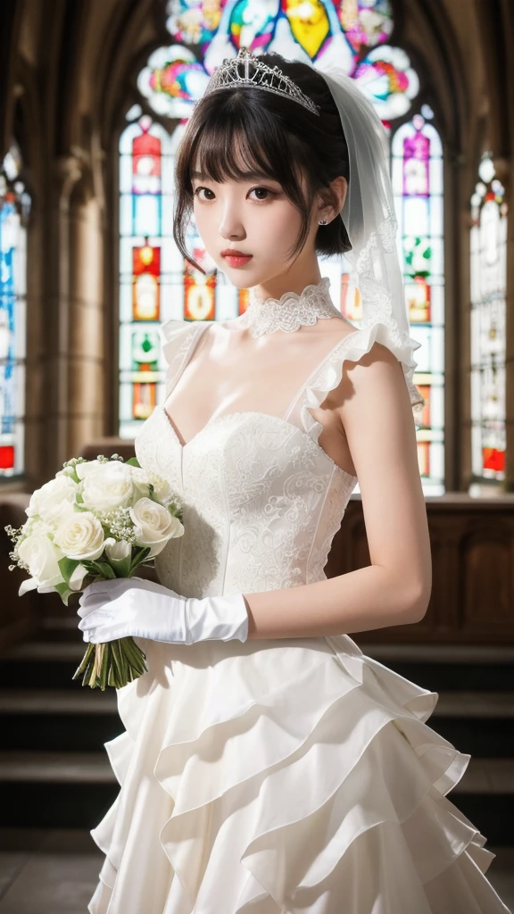 (8k, Photorealistic, Raw photo, Highest quality: 1.4),Japanese idol-style beautiful girl,model,1 person,18-year-old,(Short Bob),(Black Hair),tiara,She has her hair tucked behind her ears,Clear grey eyes,Long eyelashes,Eyeliner,eyeliner,(piercings(small)),cheek(Beige brown),(Lip gloss),lips(Plump,glossy),thin long neck,Thin and delicate shoulders,(Lace gloves(White)),(Wedding Bouquet),(Wedding dress(Frills,Plumpしたロングスカート :1.1)),(layer),(Fishnet tights(White)),(High heels(White)),(Background of a Gothic-style stone church with stained glass windows),Full body portrait