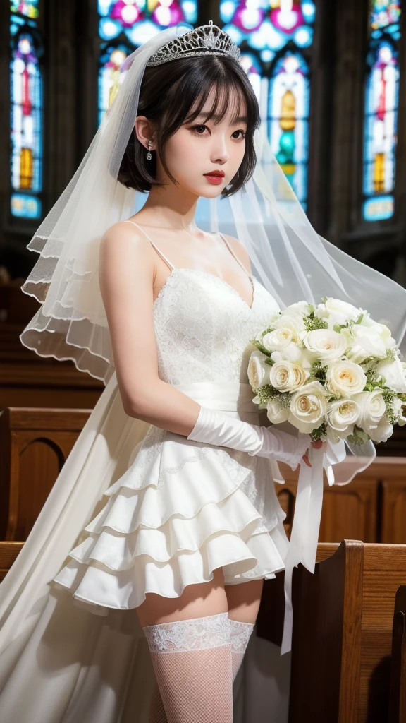 (8k, Photorealistic, Raw photo, Highest quality: 1.4),Japanese idol-style beautiful girl,model,1 person,18-year-old,(Short Bob),(Black Hair),tiara,She has her hair tucked behind her ears,Clear grey eyes,Long eyelashes,Eyeliner,eyeliner,(piercings(small)),cheek(Beige brown),(Lip gloss),lips(Plump,glossy),thin long neck,Thin and delicate shoulders,(Lace gloves(White)),(Wedding Bouquet),(Wedding dress(Frills,Plumpしたロングスカート :1.1)),(layer),(Fishnet tights(White)),(High heels(White)),(Background of a Gothic-style stone church with stained glass windows),Full body portrait