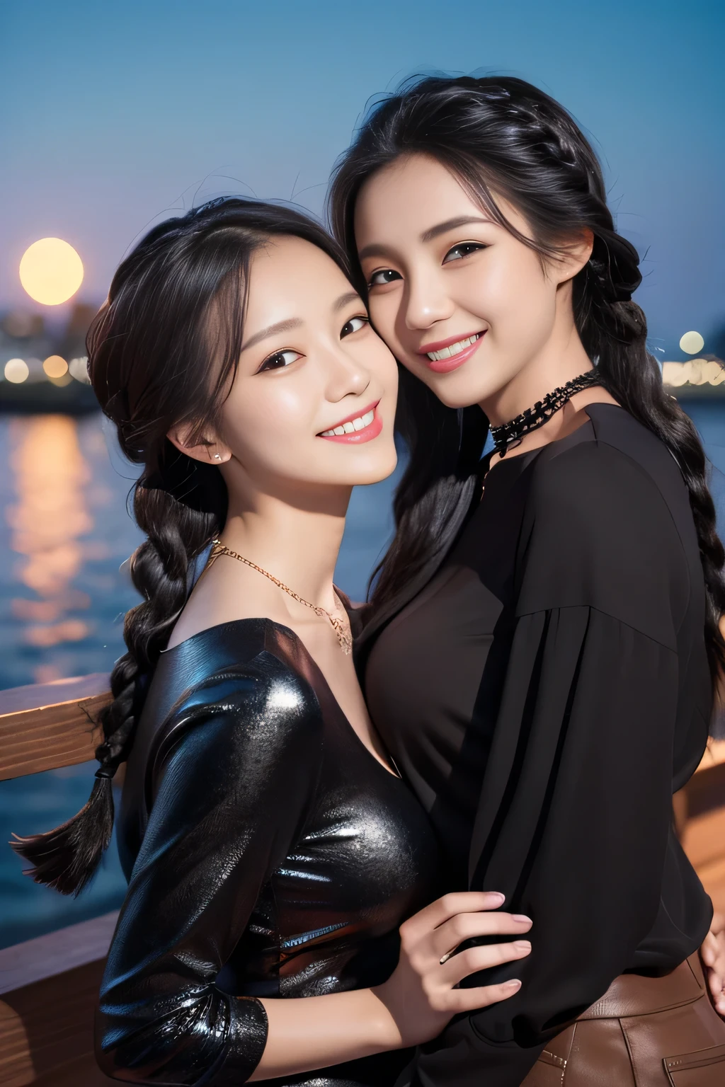 (detailed skin:1.2),(shiny skin:1.1),8k,best quality, masterpiece, ultra high res,(fair skin:1.2), Two women standing side by side、Long sleeve blouse、Black Hair、Braid、Necklace around the neck、smile、Beautiful teeth alignment、Pier at night