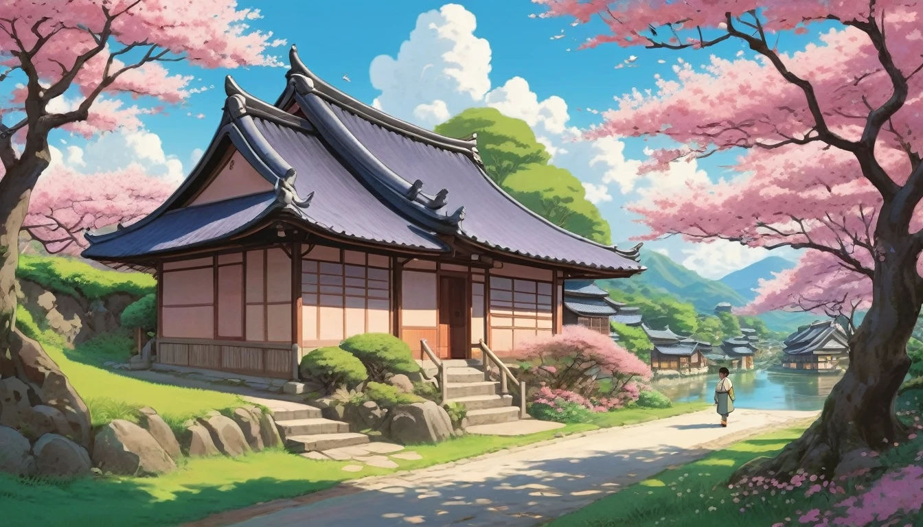 Create a vibrant Studio Ghibli-inspired illustration of a serene Zen master imparting wisdom to a curious boy in a tranquil village, surrounded by lush, animated landscapes, traditional thatched-roof cottages, and blossoms gently falling from sakura trees.