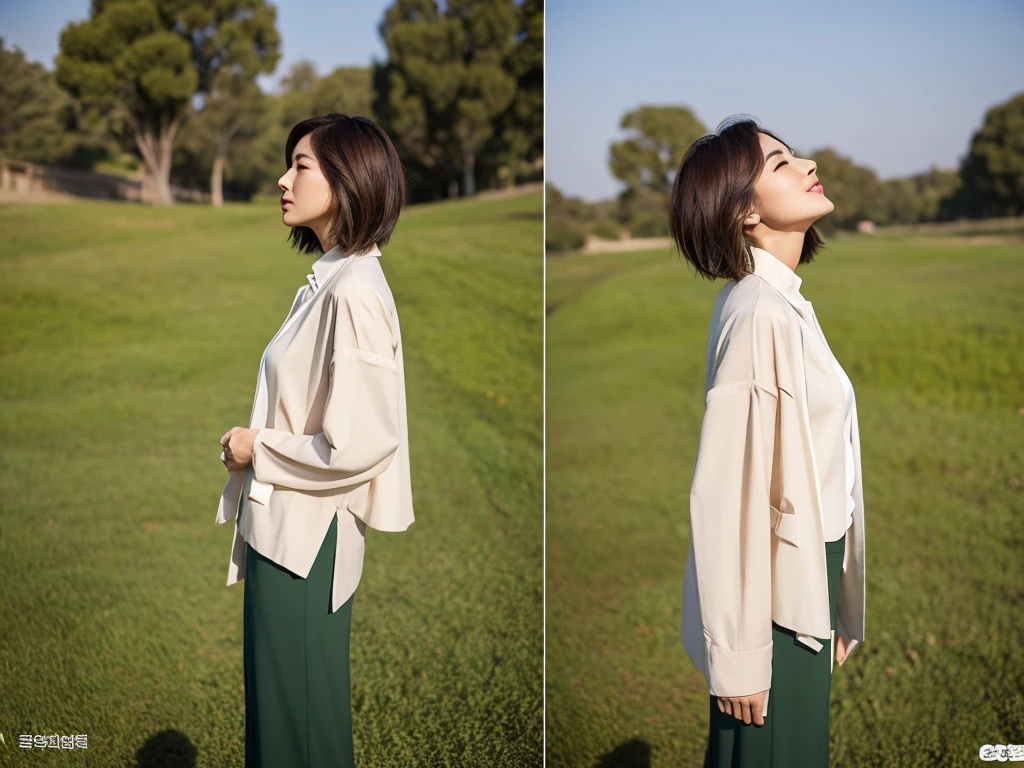 Creating an image of a woman seen from the side, Her gaze is on the camera. She has an elegant profile, With sun-kissed skin that delicately receives light. Her eyes, decorated with mystery, short medium hair., Contributes to her timeless beauty. Maybe a tailored blouse and a flowing skirt., 장면은 생생하고 선명한 background으로 설정되었습니다., Capture this moment from a side angle, Showcasing her elegance and charm while looking thoughtfully into the distance. high quality, 1 woman, ((36 years old 건강한 한국 여성)), ((36 years old)), 1 woman, short, The eyes are big and beautiful. ((slim)), ((short medium hair)), laugh. pose: standing, Luxury brand windbreaker jacket, casual pants, background: 1 woman, California, pasture, Cow, grass, Full body shot with 35-70 lens, look up to the side, the whole body is visible