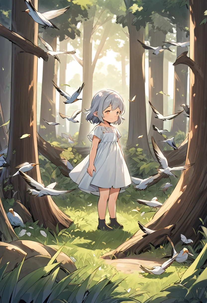 Children’s picture book,by Axel Scheffler,a young girl standing in a forest,surrounded by several bird.she is wearing a white dress and appears to be enjoying her time in nature. The bird are scattered around her