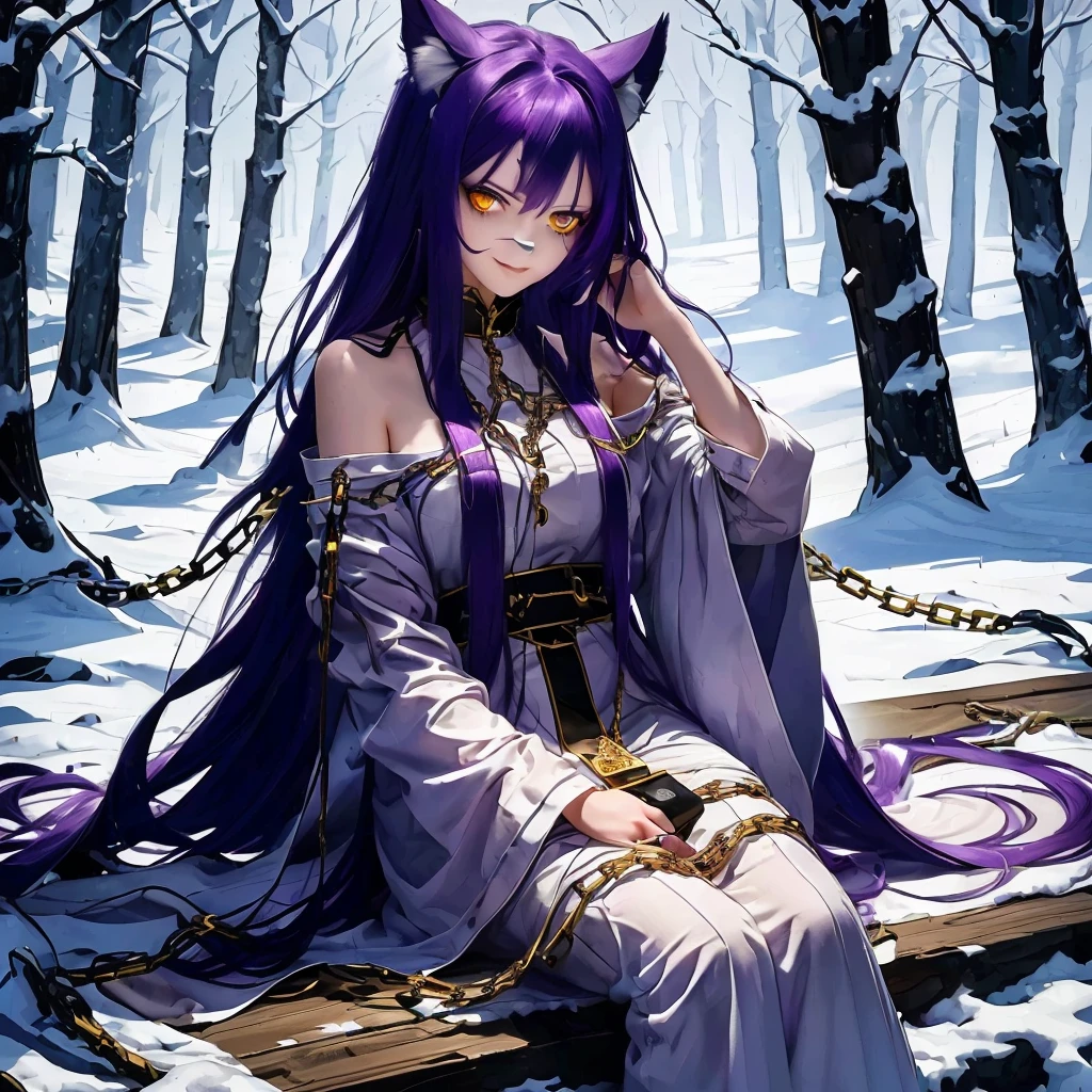 purple hair, long hair, white dress, chained, ((yellow eyes)), photo realistic
