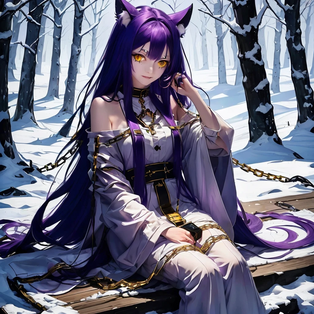 fenrir, long hair, purple hair, outdoor, winter, forest, snow, ((Chainned by golden chain)), tattered clothes, white dress, upper body, smile, masterpiece,