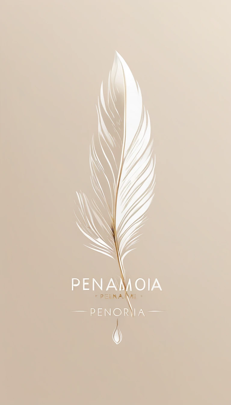 A minimal, modern, simple, cinematic logotype for the brand Penamemoria. The logotype must be a simple Memory Feather. Icon of a unique dreamy feather. The logo must convey a sense of music, stories and dreams. Logo design impressed on a book cover. Minimalistic logo and icon