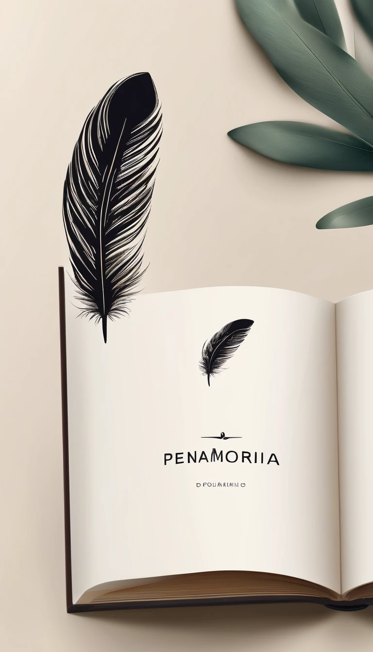 A minimal, modern, simple, cinematic logotype for the brand Penamemoria. The logotype must be a simple Memory Feather. Icon of a unique dreamy feather. The logo must convey a sense of music, stories and dreams. Logo design impressed on a book cover. Minimalistic logo and icon