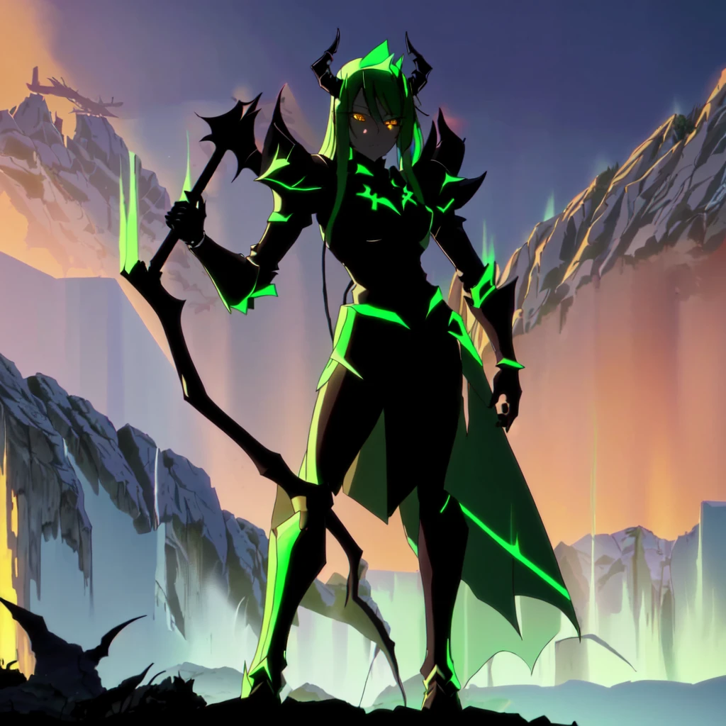 there is a cartoon image of a demon with horns and horns, demon armor, shadow armor, dark goddess, demon hero, style of duelyst, sleek glowing armor, demon soul concept art, dark sorceress full view, dark armor, black shiny armor, demon, humanoid form, dark shadow girl, dark silhouette, glowing yellow eyes, green pattern