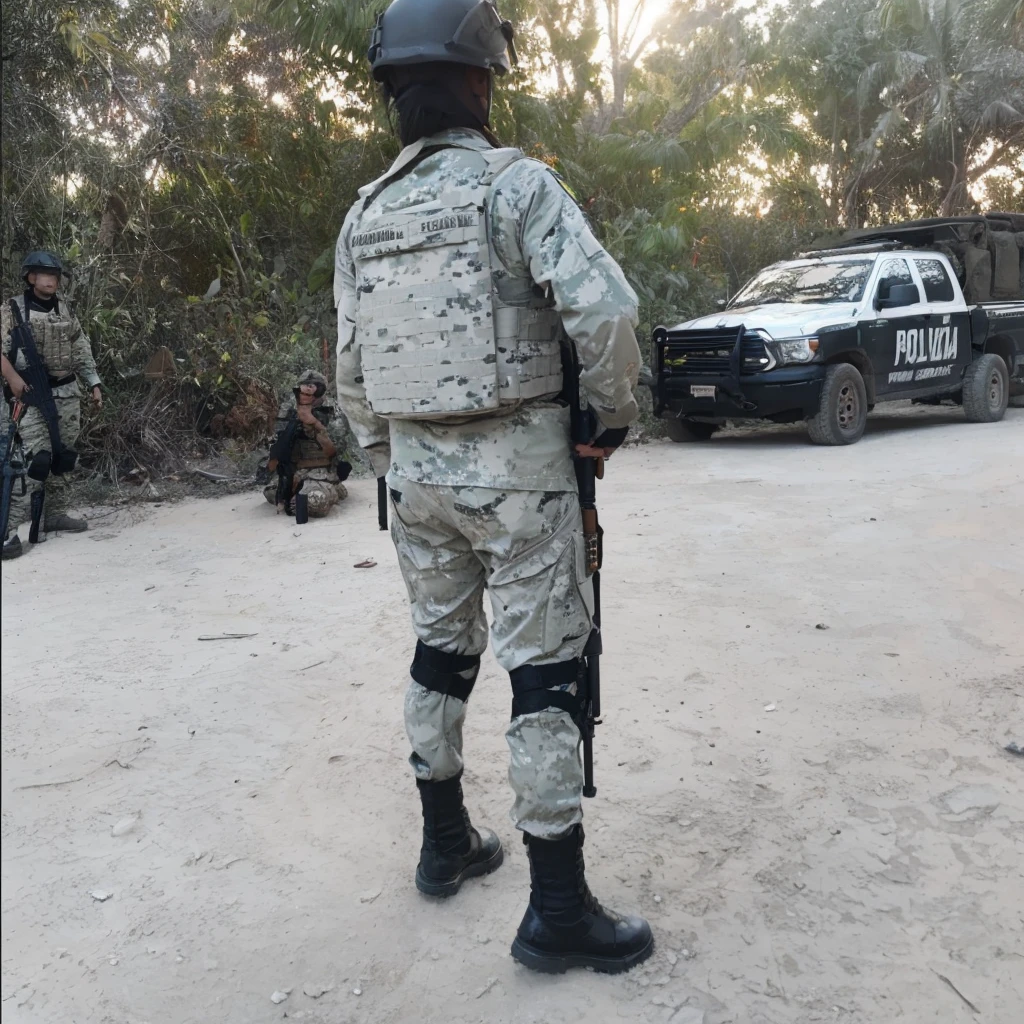 a military soldier in the jungle of mexico, heavily armed and on patrol, detailed, photorealistic, 8k, high quality, cinematic lighting, gritty, grungy, warm colors, dramatic poses, tactical gear, assault rifle, camouflage, dense foliage, rugged terrain, dynamic action, intense battle scene