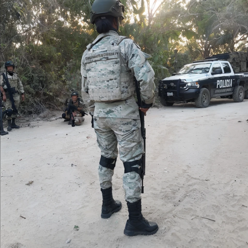 a military soldier in the jungle of mexico, heavily armed and on patrol, detailed, photorealistic, 8k, high quality, cinematic lighting, gritty, grungy, warm colors, dramatic poses, tactical gear, assault rifle, camouflage, dense foliage, rugged terrain, dynamic action, intense battle scene