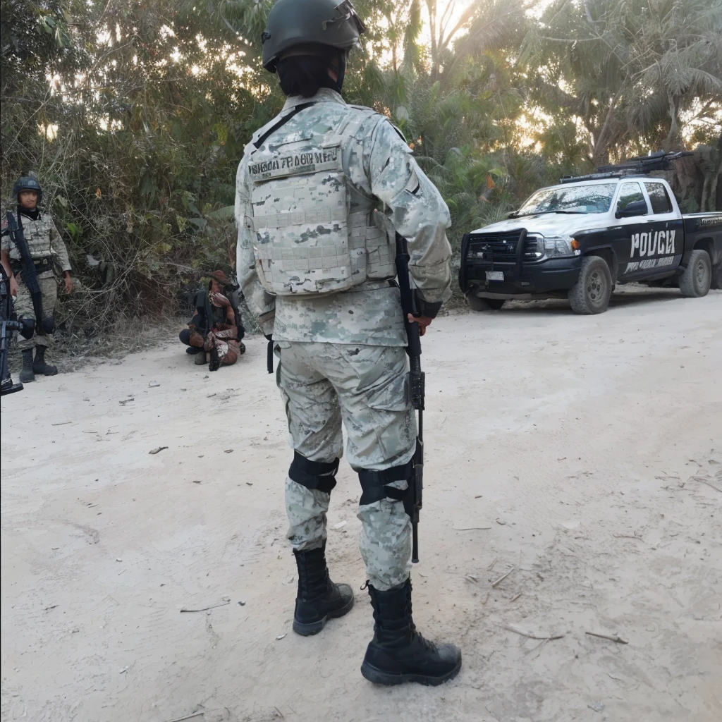 a military soldier in the jungle of mexico, heavily armed and on patrol, detailed, photorealistic, 8k, high quality, cinematic lighting, gritty, grungy, warm colors, dramatic poses, tactical gear, assault rifle, camouflage, dense foliage, rugged terrain, dynamic action, intense battle scene