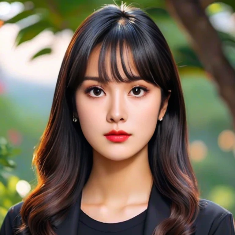 Woman with long hair and black shirt poses for a photo, beautiful south korean woman, Portraits of Korean female idols, beautiful young korean woman, gorgeous young korean woman, cute korean stars, korean woman, Korean girl, Cute young Korean face, Lalisa Manoban, She has black hair and bangs., Headshot profile picture, Inspired by Sim Sa Jung