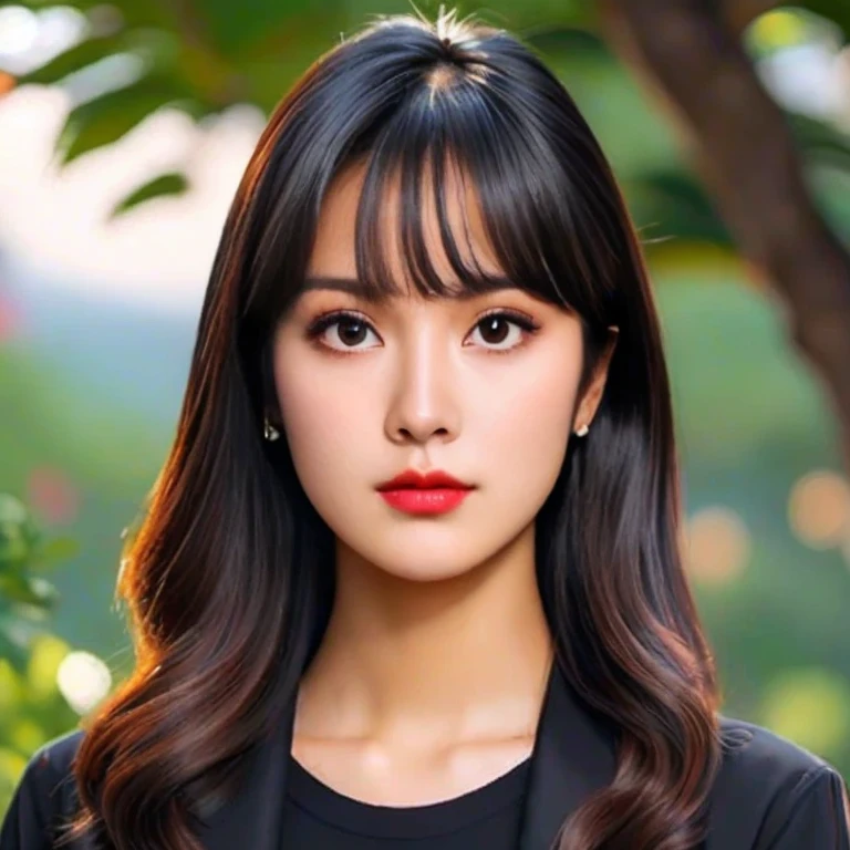 Woman with long hair and black shirt poses for a photo, beautiful south korean woman, Portraits of Korean female idols, beautiful young korean woman, gorgeous young korean woman, cute korean stars, korean woman, Korean girl, Cute young Korean face, Lalisa Manoban, She has black hair and bangs., Headshot profile picture, Inspired by Sim Sa Jung