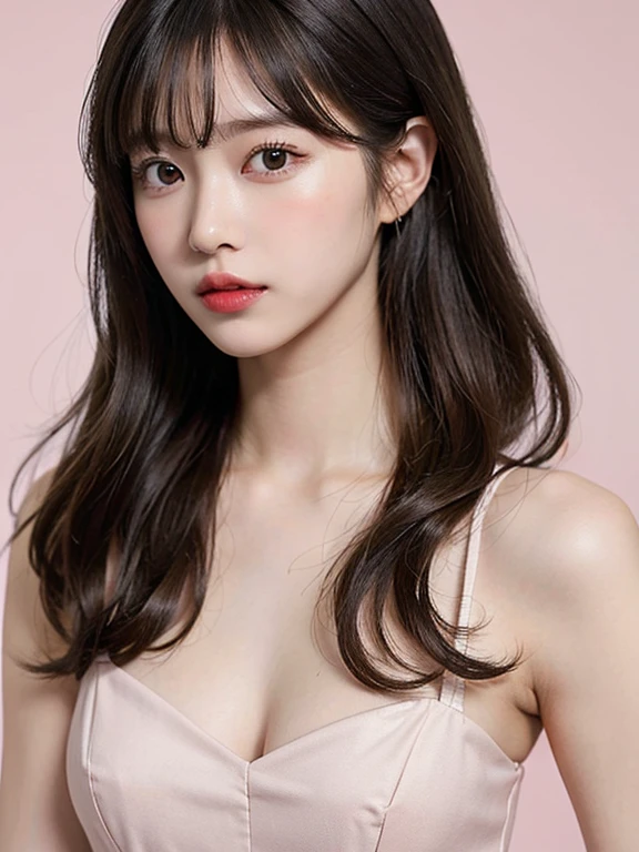 silk dress、Angle of view for bust up、beautiful shoulders、zoom out、soft curl hairstyle、high resolution、thin waist、high tone hair color、korean idol、realistic eyes、beautiful eyelashes、High resolutionの顔、pink background、20 years old、pink dress stay piece, best quality, illustration, Super detailed, fine details, High resolution, 8K Dende Wallpaper, beautiful detailed eyes, random cute hairstyles, C cup breasts, Natural color lip,Showing off pussy,Vaginal examination