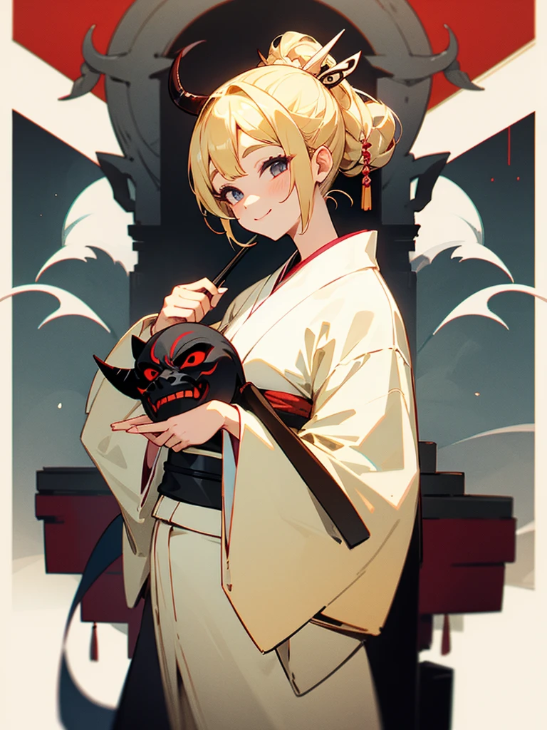 Demon mask, blonde hair in a side chignon, smiling, white kimono, cute