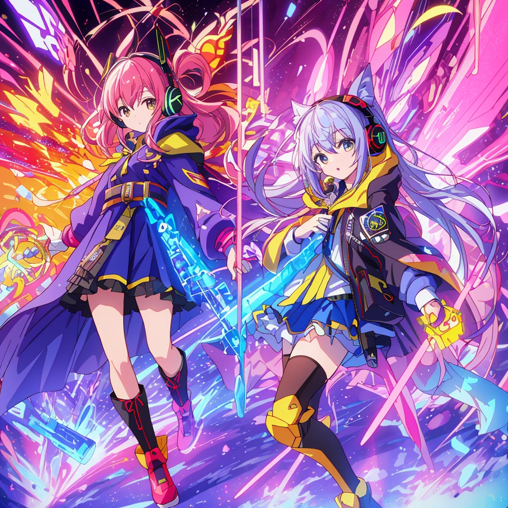 1girl,(((Highest quality、Masterpiece、Official Art、The best dynamic composition、Super detailed)))、Anime Magical Girl、cyber punk、巨大なかわいい💛型の魔法の杖、Cloak with hood、Headphones on head、アイドルの服なのにcyber punk、White long boots、A pouch for holding test tubes on the waist、❤💛、