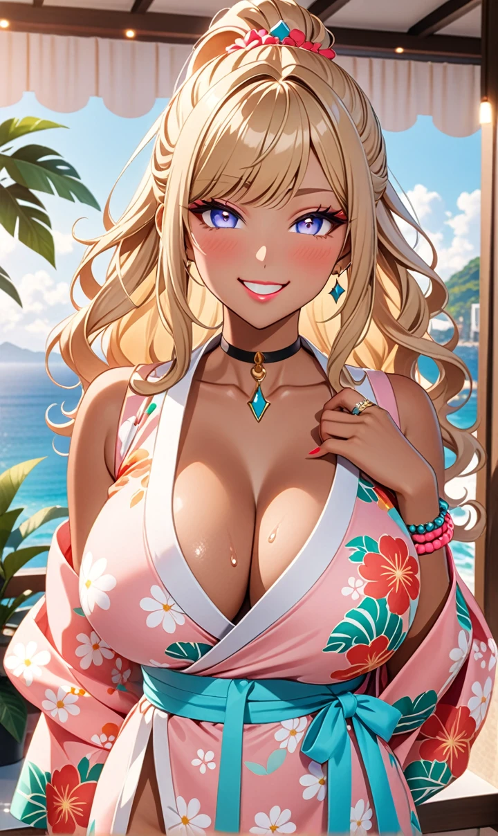 ultra-detailed, ((one girl)), (portrait), ((tan skin:1.2)), in pastel colors gyaru, (heavy makeup), hyper detailed, absurdres, 8k, Beautiful Face, (Laugh shyly), ((teasing smile:1.2)), ((sweat)), ((Wink:1.5)), (Laugh with your mouth wide open),((Tilt your face:1.6)), (professional lighting), View your viewers, ((Bright red cheeks:1.6)),Glossy Red Lips, ((huge breasts:1.3)), ((undressing:1.2)), pink nipple, noon, summer, Luxury hotel with sea view, Foliage plant, ((Anime style background)),masterpiece, Highest quality, so beautiful,Latest, Complex details, ((Long neon pink nails)), (nail art), (ring),(bracelet), (Floral Choker),AI-generated, Complex,High resolution, Highest quality, super high quality,3D Images、3D Images,One person,Blonde long hair,(High Ponytail), (wavy hair:1.3), Blonde anime woman posing for a photo, ((Fine grain、blue eyes、glowing eyes:1.3)), (Squint your eyes:1.1),a hyperRealistic , hyperRealistic , Realistic,Anime woman with long pastel yellow hair, Smooth anime CG art, A girl in a gorgeous pastel-colored kimono, ((Pastel-colored furisode)),(Pink large floral pattern), (side boob), Long flower hair ornament,big hoop earrings, Mature Body, tall,Narrow waist,((looking forward:1.3)), ((hand between legs:1.3)), from side, ((upper body)),