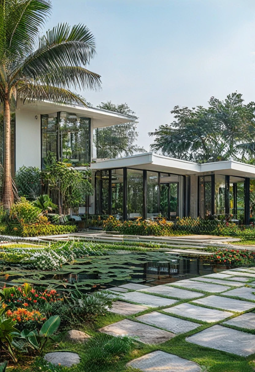 A hyper-realistic image of a modern one-story house with a minimalist design, featuring a combination of white and glass materials. The house has a flat roof, large floor-to-ceiling glass windows, and a spacious front yard. The entrance is flanked by lush greenery and well-maintained garden paths with concrete pavers and grass. The garden includes various tropical plants and trees.