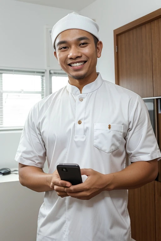 white office background, a Malay man, wearing abaju melayu, standing, holding the phone, smiling while playing on the phone, eyes looking at the phone, fingers touching the phone