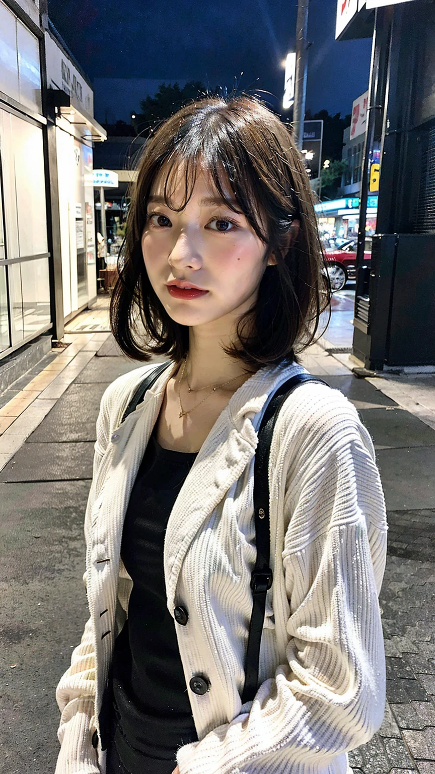 a beautiful japanese woman with very short bob haircut, full body shot, wearing fashionable clothes, necklace, simple background, (best quality,8k,32k,masterpiece:1.2),cinematic aesthetic:1.4,beautiful fashion model photo in bokeh city night,full body shot,Standing figure with feet projected、In stylish winter clothes