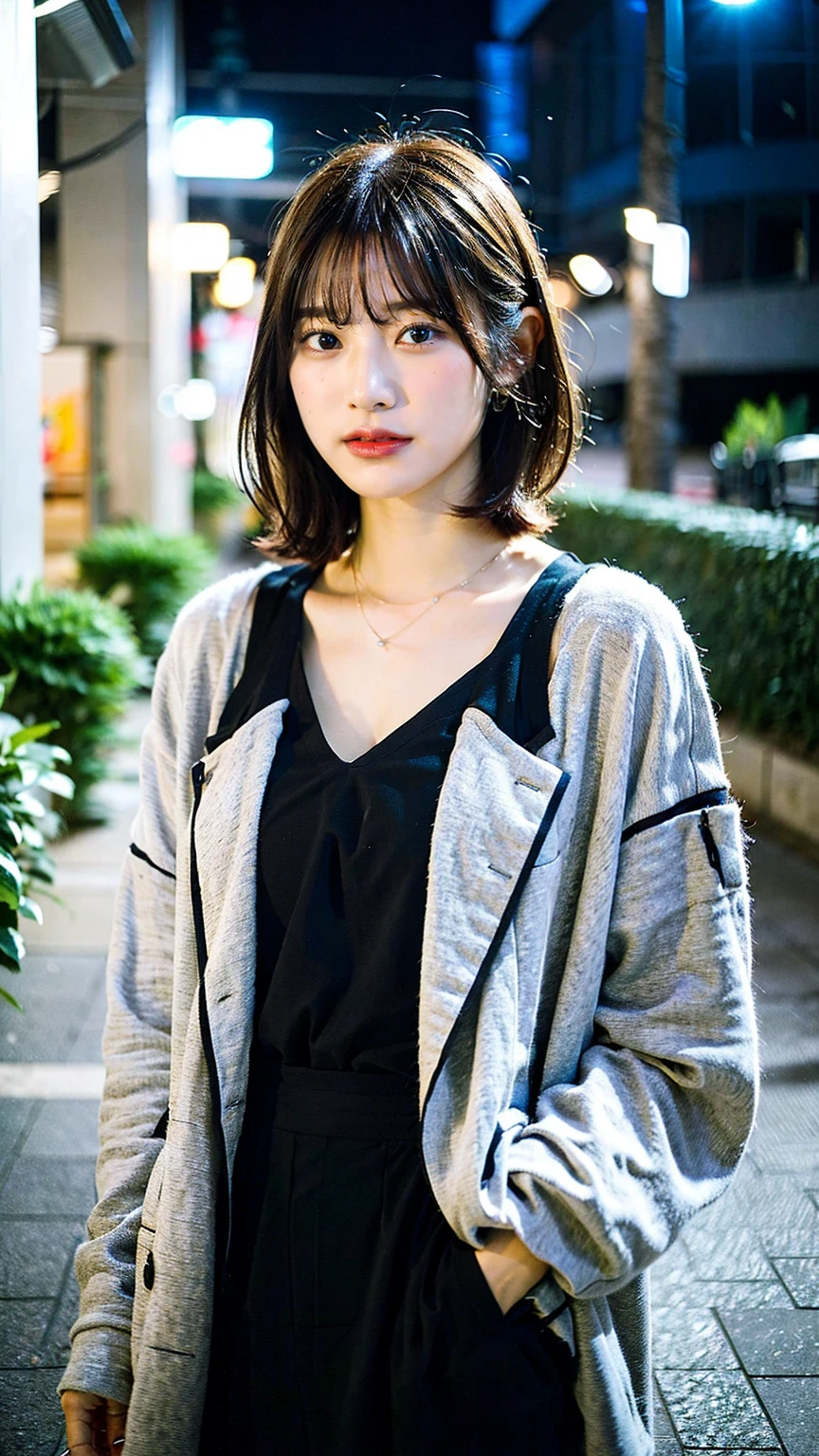 a beautiful japanese woman with very short bob haircut, full body shot, wearing fashionable clothes, necklace, simple background, (best quality,8k,32k,masterpiece:1.2),cinematic aesthetic:1.4,beautiful fashion model photo in bokeh city night,full body shot,Standing figure with feet projected、In stylish winter clothes