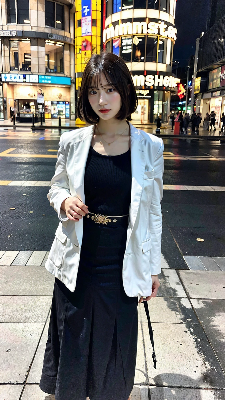 a beautiful japanese woman with very short bob haircut, full body shot, wearing fashionable clothes, necklace, simple background, (best quality,8k,32k,masterpiece:1.2),cinematic aesthetic:1.4,beautiful fashion model photo in bokeh city night,full body shot,Standing figure with feet projected、In stylish winter clothes