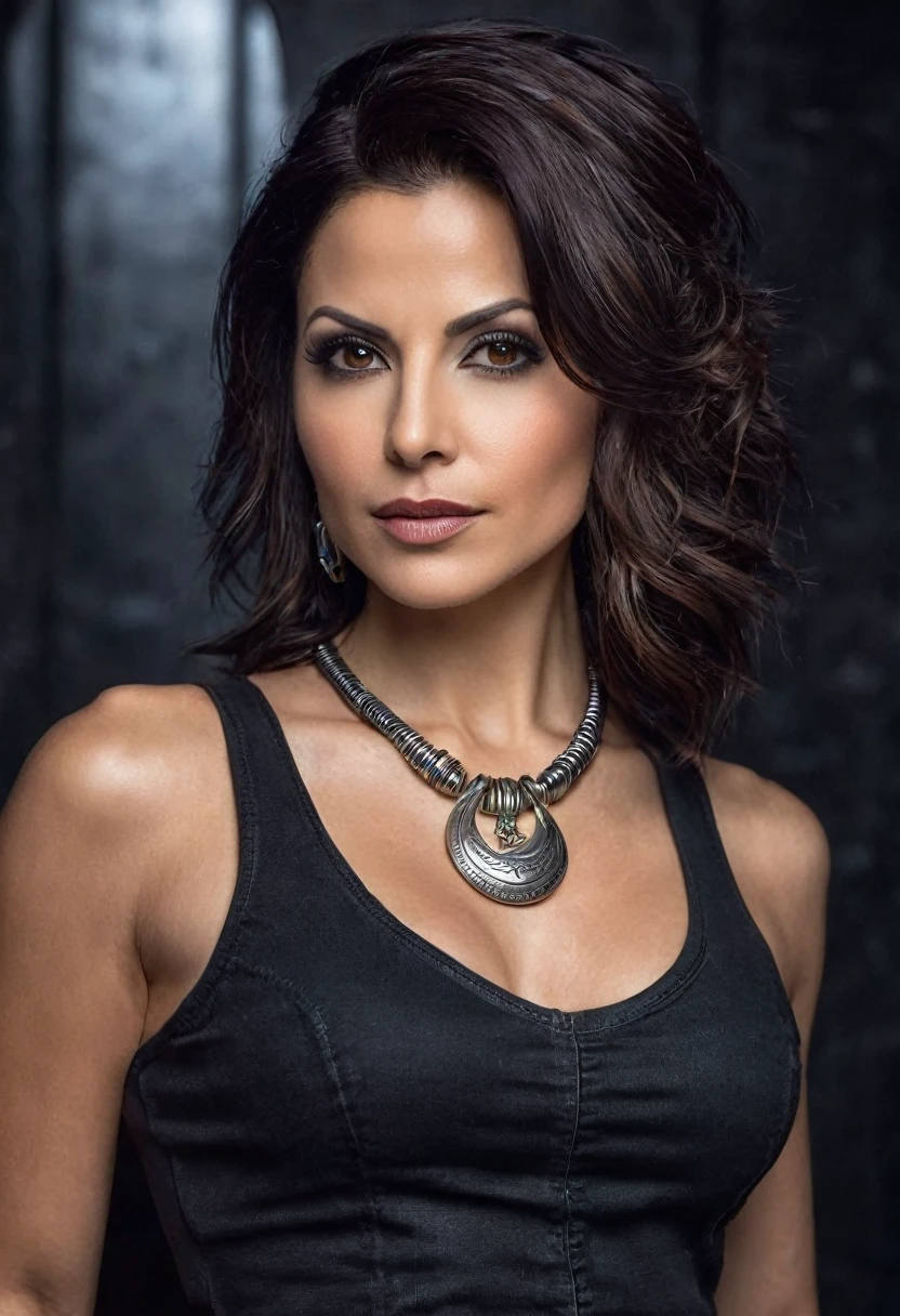 A woman whose facial features are a combo of Ana Cheri + Lana Parrilla + Cerina Vincent + Morena Baccarin + Tati Zaqui. The woman is 1/2 Latinx and 1/2 Amerindian (Pawnee). The woman is 34 years old. The woman has long dark-brown hair. The woman has brown eyes. The woman has olive skin. The woman has a slender, peanut-shaped, and athletic figure. The woman is clothed in a black tank top and jeans. The woman wears a stainless steel crescent moon necklace. The woman has lovely makeup on her face. Cyberpunk sci-fi setting. Symmetrical eyes. Symmetrical face. Great details. Photorealistic. Full-colored photo. Professional photo. Highly detailed 8K.