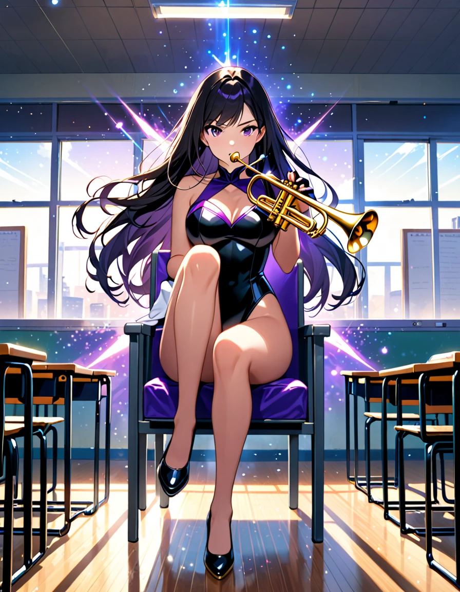 masterpiece, best quality, highres, 1girl, solo, magician, superhero, leotard, bare legs, matching shoes, gloves, looking at viewer, empty classroom, soft lighting, leotard, black hair, purple eyes, medium breasts, long hair, sitting in a chair, full body, light particles, magic, hair down, cool, holding and playing a brass musical instrument, (trumpet)