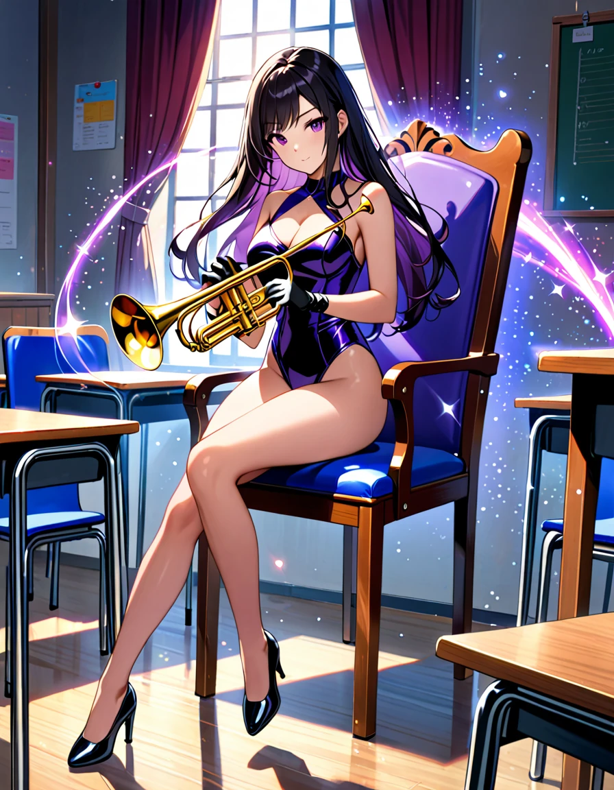 masterpiece, best quality, highres, 1girl, solo, magician, superhero, leotard, bare legs, matching shoes, gloves, looking at viewer, empty classroom, soft lighting, leotard, black hair, purple eyes, medium breasts, long hair, sitting in a chair, full body, light particles, magic, hair down, cool, holding and playing a brass musical instrument, (trumpet)