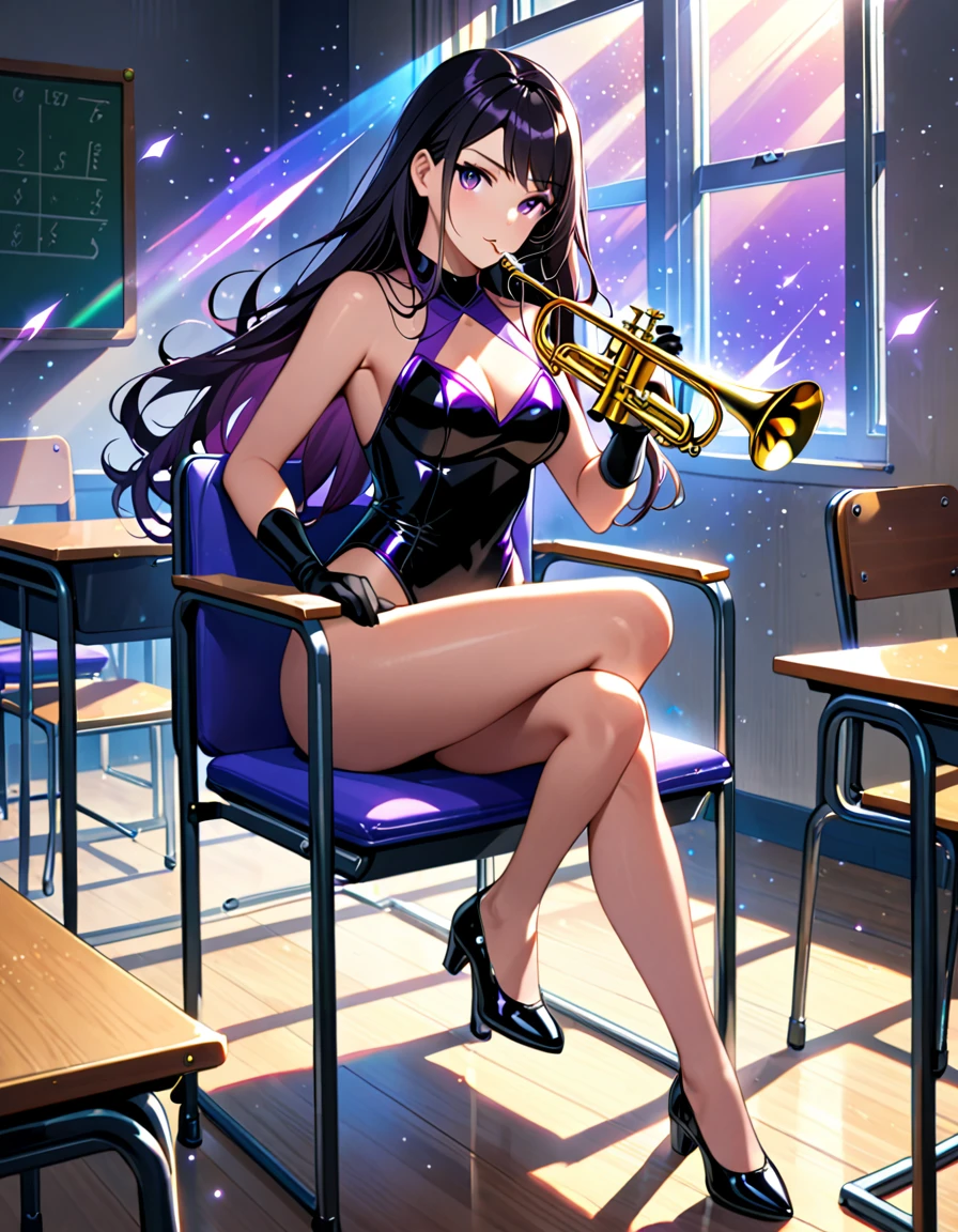 masterpiece, best quality, highres, 1girl, solo, magician, superhero, leotard, bare legs, matching shoes, gloves, looking at viewer, empty classroom, soft lighting, leotard, black hair, purple eyes, medium breasts, long hair, sitting in a chair, full body, light particles, magic, hair down, cool, holding and playing a brass musical instrument, (trumpet)