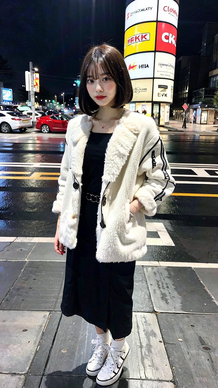 a beautiful japanese woman with very short bob haircut, full body shot, wearing fashionable clothes, necklace, simple background, (best quality,8k,32k,masterpiece:1.2),cinematic aesthetic:1.4,beautiful fashion model photo in bokeh city night,full body shot,Standing figure with feet projected、In stylish winter clothes