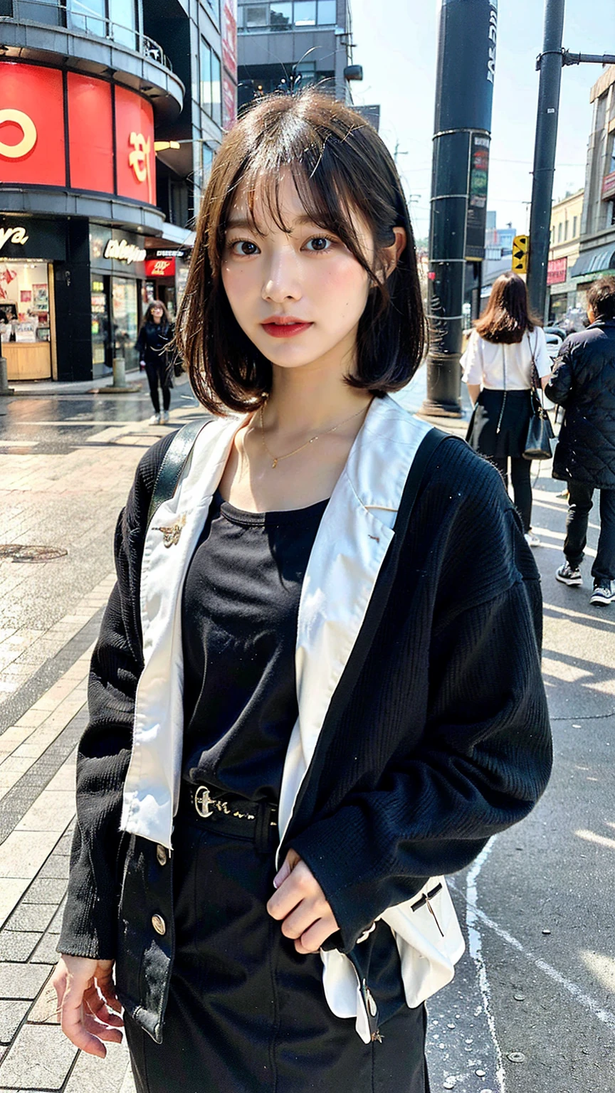 a beautiful japanese woman with very short bob haircut, full body shot, wearing fashionable clothes, necklace, simple background, (best quality,8k,32k,masterpiece:1.2),cinematic aesthetic:1.4,beautiful fashion model photo in bokeh city night,full body shot,Standing figure with feet projected、In stylish winter clothes