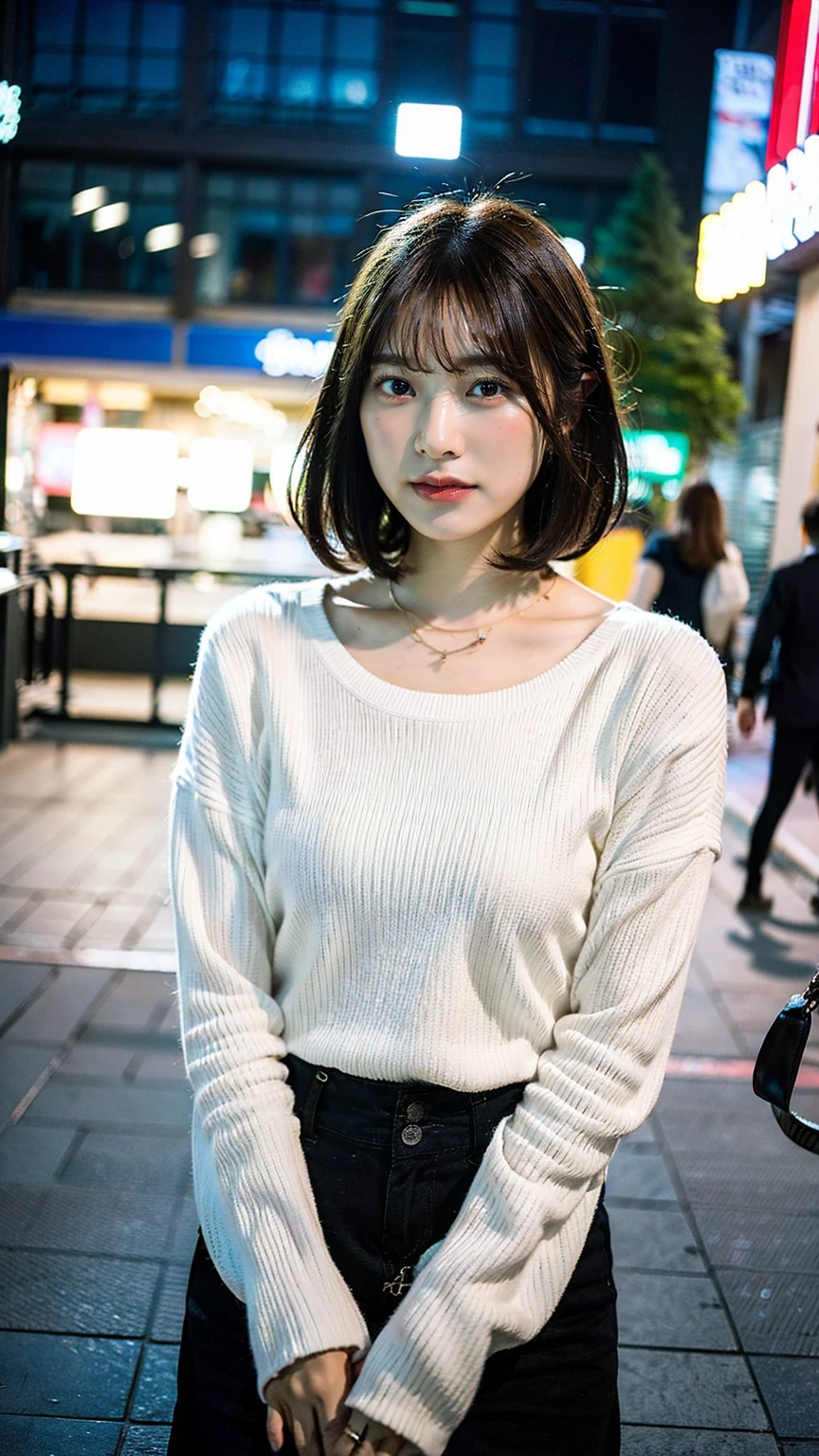 a beautiful japanese woman with very short bob haircut, full body shot, wearing fashionable clothes, necklace, simple background, (best quality,8k,32k,masterpiece:1.2),cinematic aesthetic:1.4,beautiful fashion model photo in bokeh city night,full body shot,Standing figure with feet projected、In stylish winter clothes