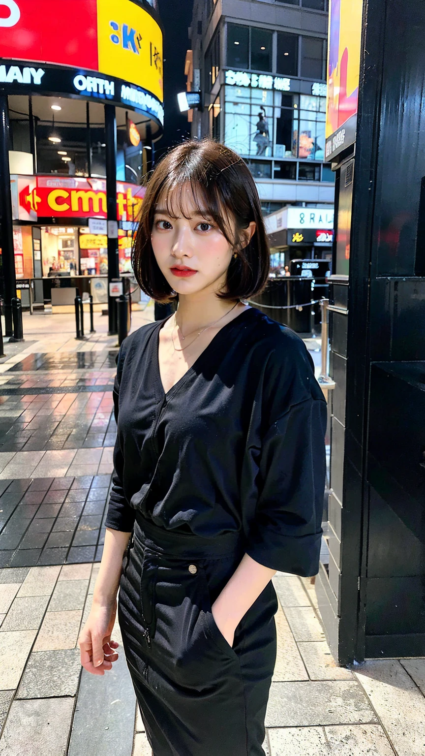 a beautiful japanese woman with very short bob haircut, full body shot, wearing fashionable clothes, necklace, simple background, (best quality,8k,32k,masterpiece:1.2),cinematic aesthetic:1.4,beautiful fashion model photo in bokeh city night,full body shot,Standing figure with feet projected、In stylish winter clothes