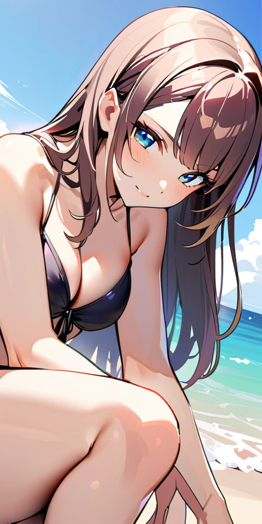 ((Highest quality、、masterpiece:1.3)), Upper Body、Long legs、Sharp focus:1.2, Beautiful woman with perfect figure:1.4、(Smiling:1.2), double eyelid、30-year-old female、Sexy pose、((((Close your mouth、One Woman、bikini,sea,beach,sea side))))、(((((Hands on the side of the body)))))