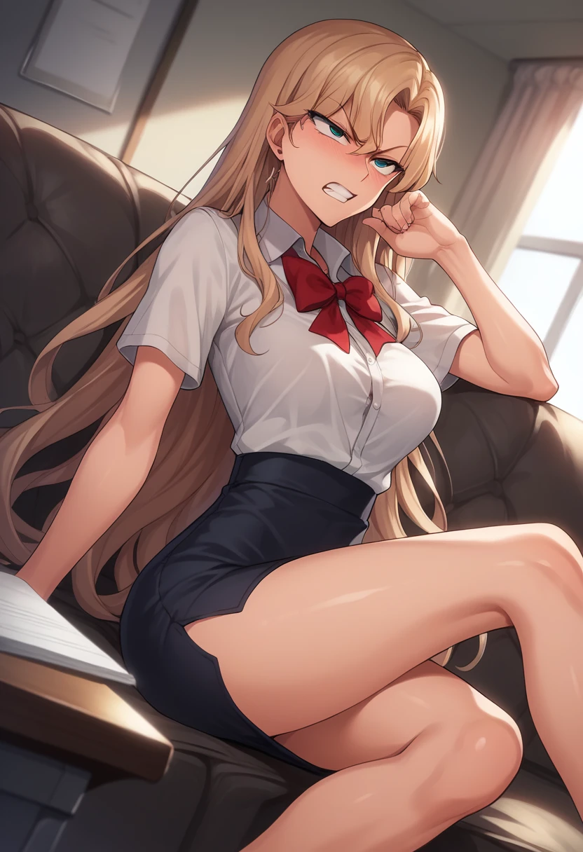 Reika Kurashiki \(Saimin Seishidou\), Reika Kurashiki from Saimin Seishidou, angry expression, siting on couch, in personal office, sunset lightning, (((wearing red pencil skirt with red office shirt with white undershirt with red high heels and stockings, extremely big breasts, extremely wide hips, extremely big ass))),