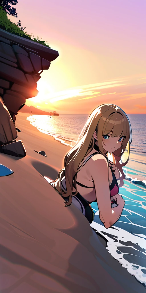 ((Highest quality、、masterpiece:1.3)), Upper Body、Long legs、Sharp focus:1.2, Beautiful woman with perfect figure:1.4、(Smiling:1.2), double eyelid、30-year-old female、Sexy pose、((((Close your mouth、One Woman、bikini,sea,beach,sea side))))、(((((Hands on the side of the body)))))