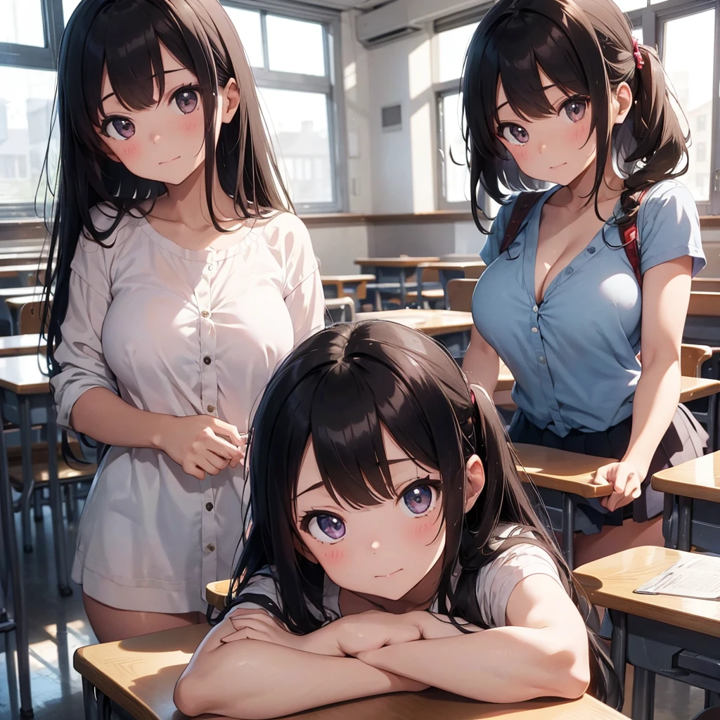 4 girls, inside a classroom, (nighttime:1.5), (blushing:1.5), (anxious:1.5), (worried:1.5), (((blushing, worried, anxious))), (((sitting in chairs, one girl per chair))), (chair:1.0), (tight clothing, short sleeves, sailor uniform, miniskirt), perfect body, perfect face, beautiful face, detailed face, beautiful eyes, detailed eyes, image taken from inside