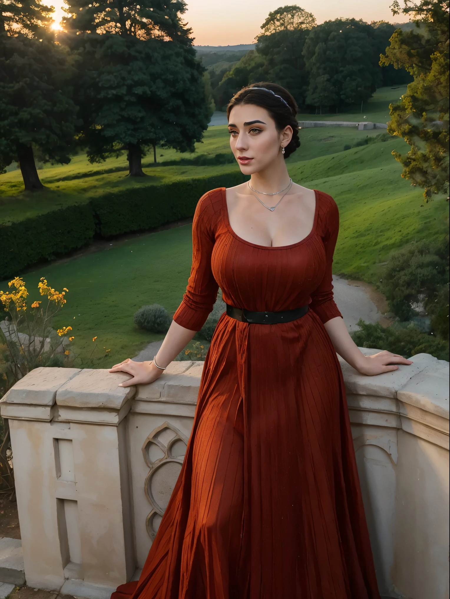 Gorgeous and sultry athletic (thin) brunette queen with sharp facial features wearing a modest updo, dark red medieval dress, long sleeves, intricate patterns, scrollwork, wide neck, crown, veil, long dress, modest dress, tight bodice, silver belt, (waist chain), medieval jewelry, Middle Ages, castle, rampart, wall, exterior, on top of a castle wall, trees, countryside, evening, sunset. large breas