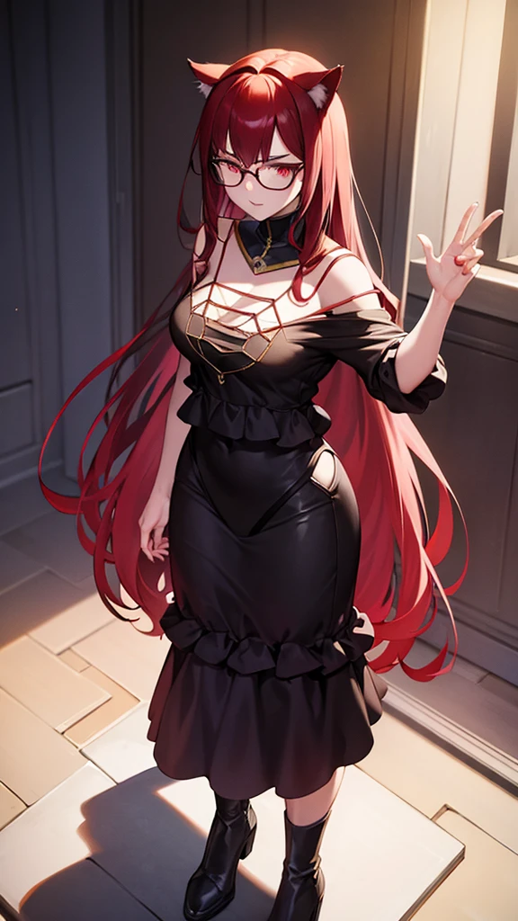 A 20 year old female villain with long dark red hair, red cat eyes, chest with red cat ears, round glasses, black dress, standing,