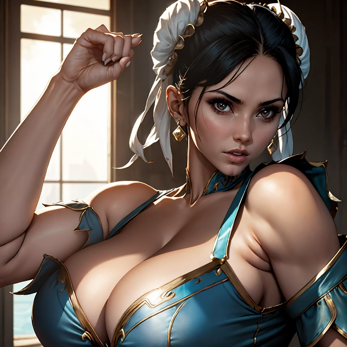 1girl,solo,ChunLi,,looking at viewer ,realistic,shiny skin,gigantic breasts,(beautiful face:1.1),(masterpiece, high quality:1.2) gigantic breasts, motherly, porcelain skin,mature female,